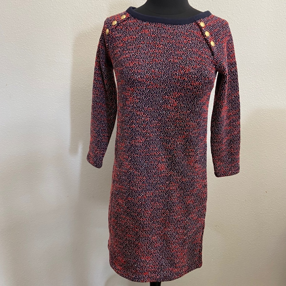 Talbots Petite Navy Pink White Speckled Knit Crew‎ Neck Button Sweater Dress